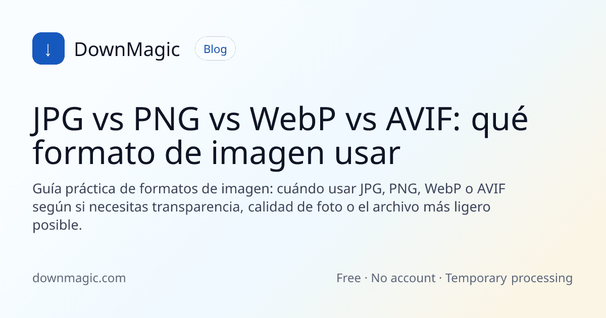 JPG vs PNG vs WebP vs AVIF: qué formato de imagen usar - DownMagic ilustración de guía