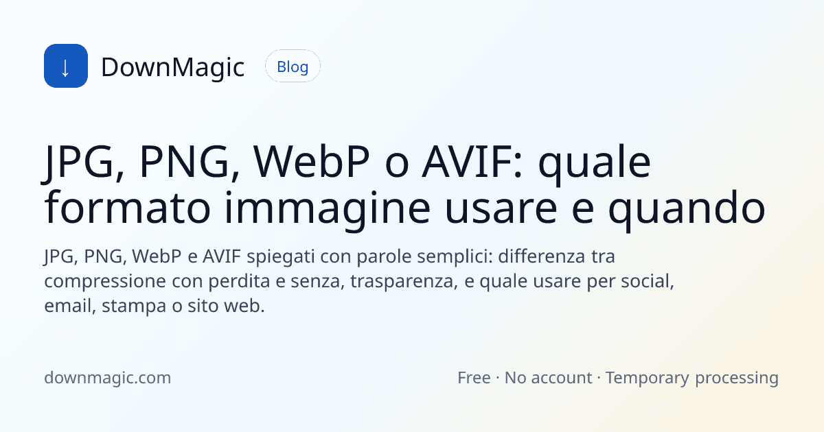 JPG, PNG, WebP o AVIF: quale formato immagine usare e quando - DownMagic illustrazione della guida